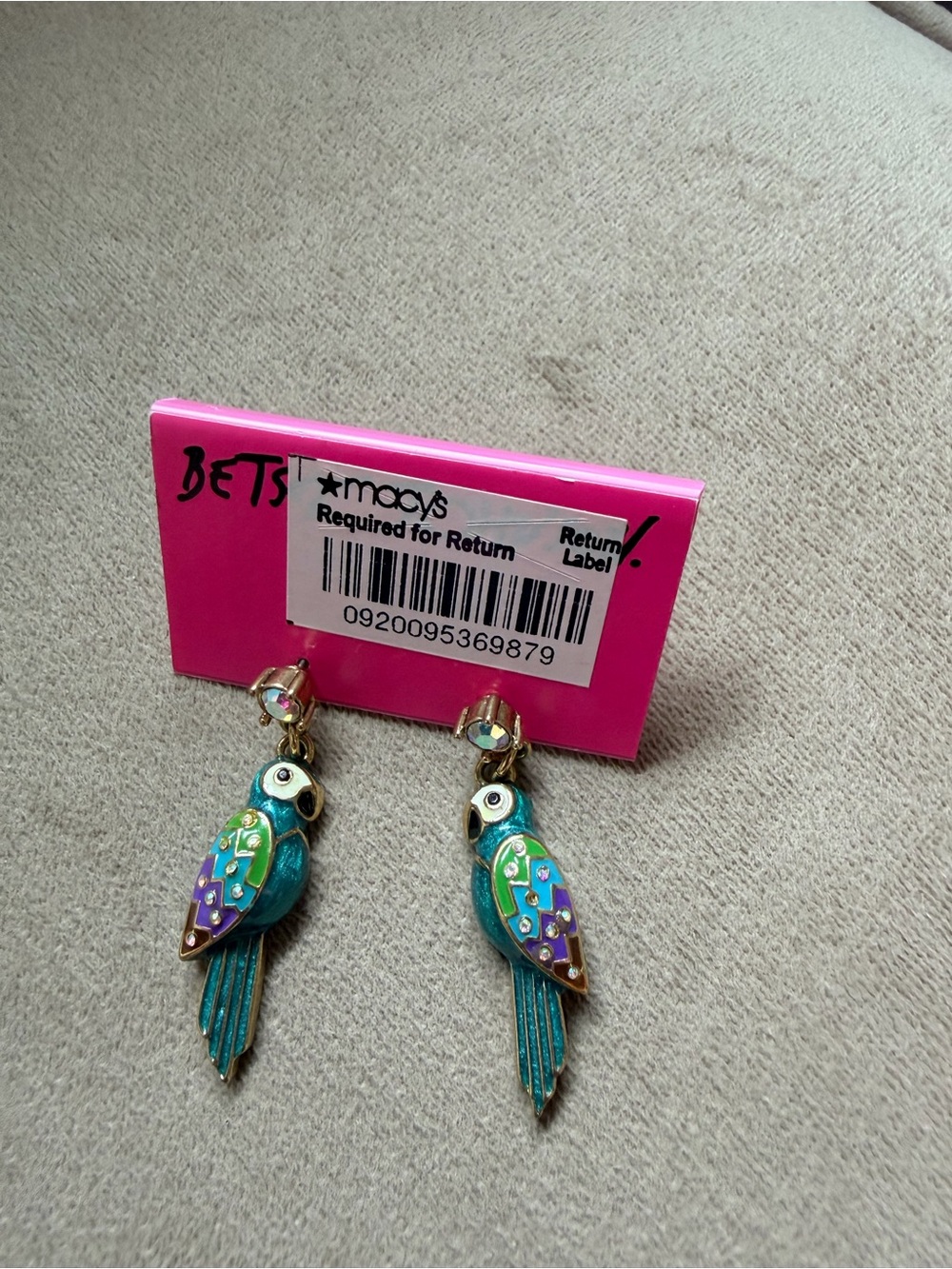 Betsey Johnson Teal Parrot Drop Earrings with Purple & Green Accents